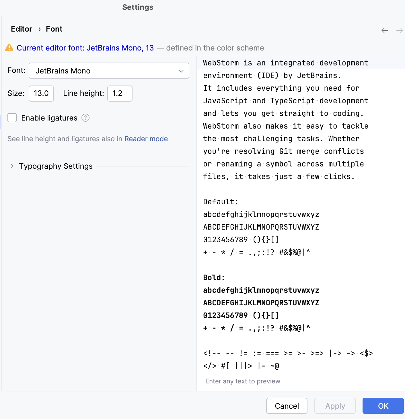 The Font settings page The Font settings page