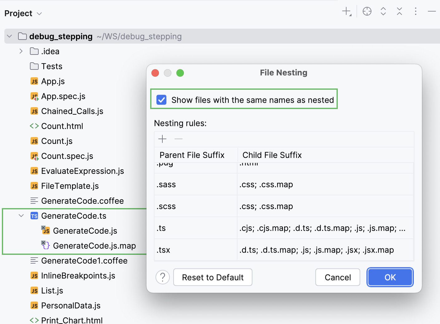 一个带有已编译的 JavaScript 文件和生成的源映射文件的 TypeScript 文件显示为嵌套结构 一个带有已编译的 JavaScript 文件和生成的源映射文件的 TypeScript 文件显示为嵌套结构