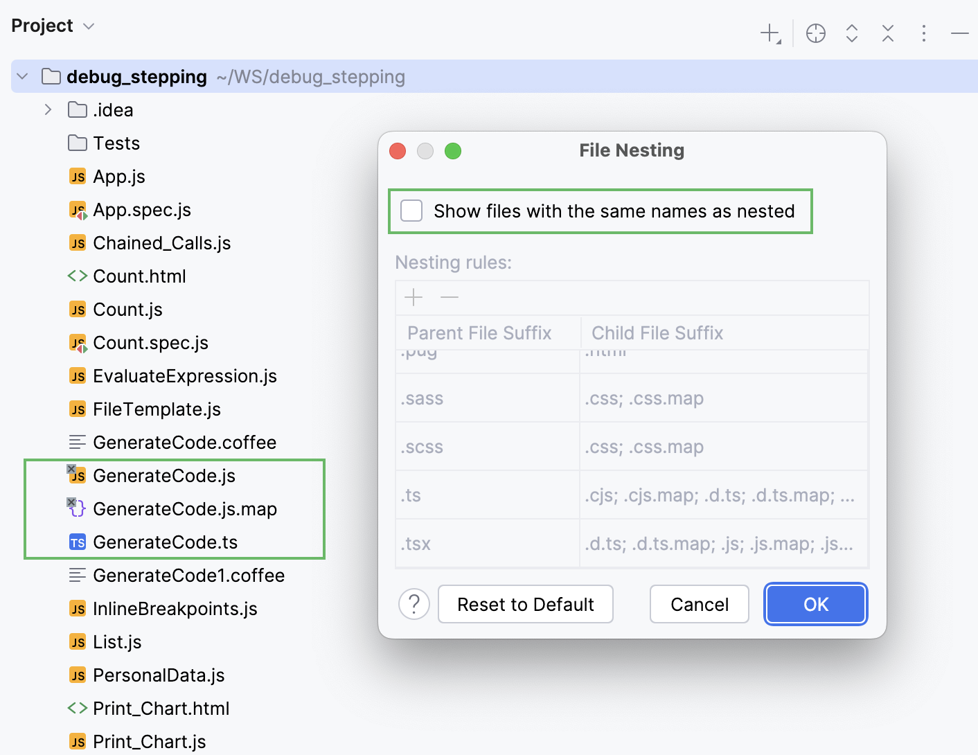 一个带有已编译的 JavaScript 文件和生成的源映射文件的 TypeScript 文件显示为普通结构 一个带有已编译的 JavaScript 文件和生成的源映射文件的 TypeScript 文件显示为普通结构