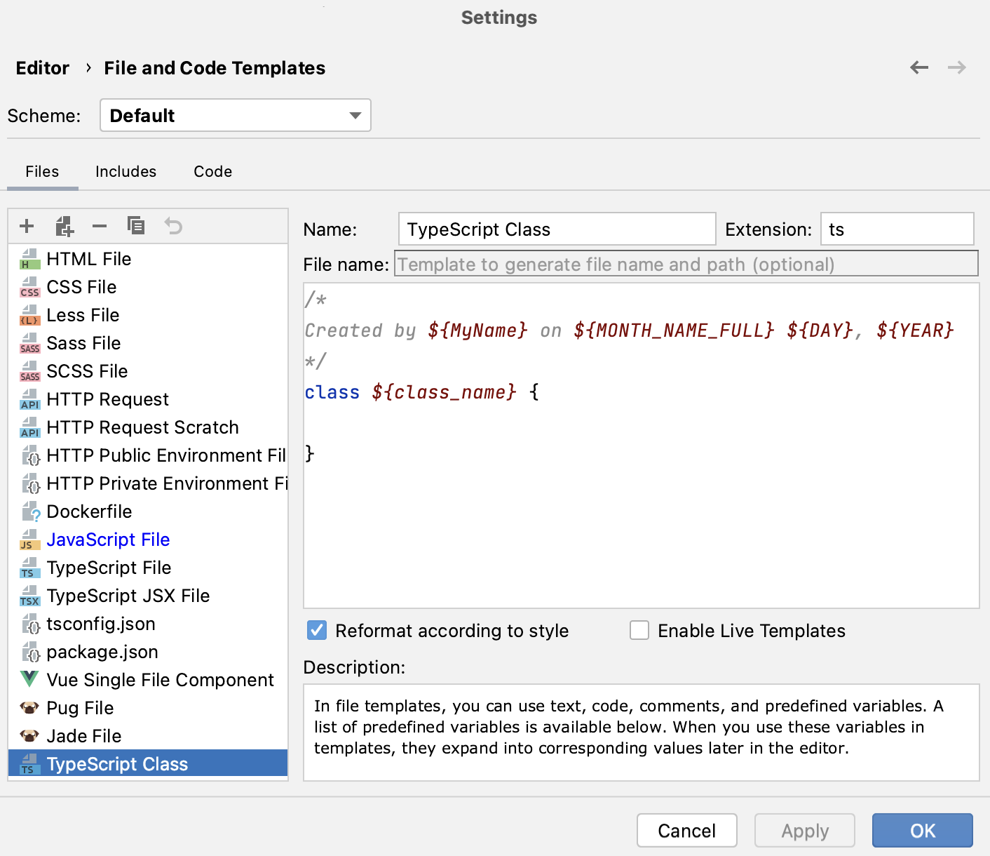 用于创建 TypeScript 类的自定义模板 用于创建 TypeScript 类的自定义模板