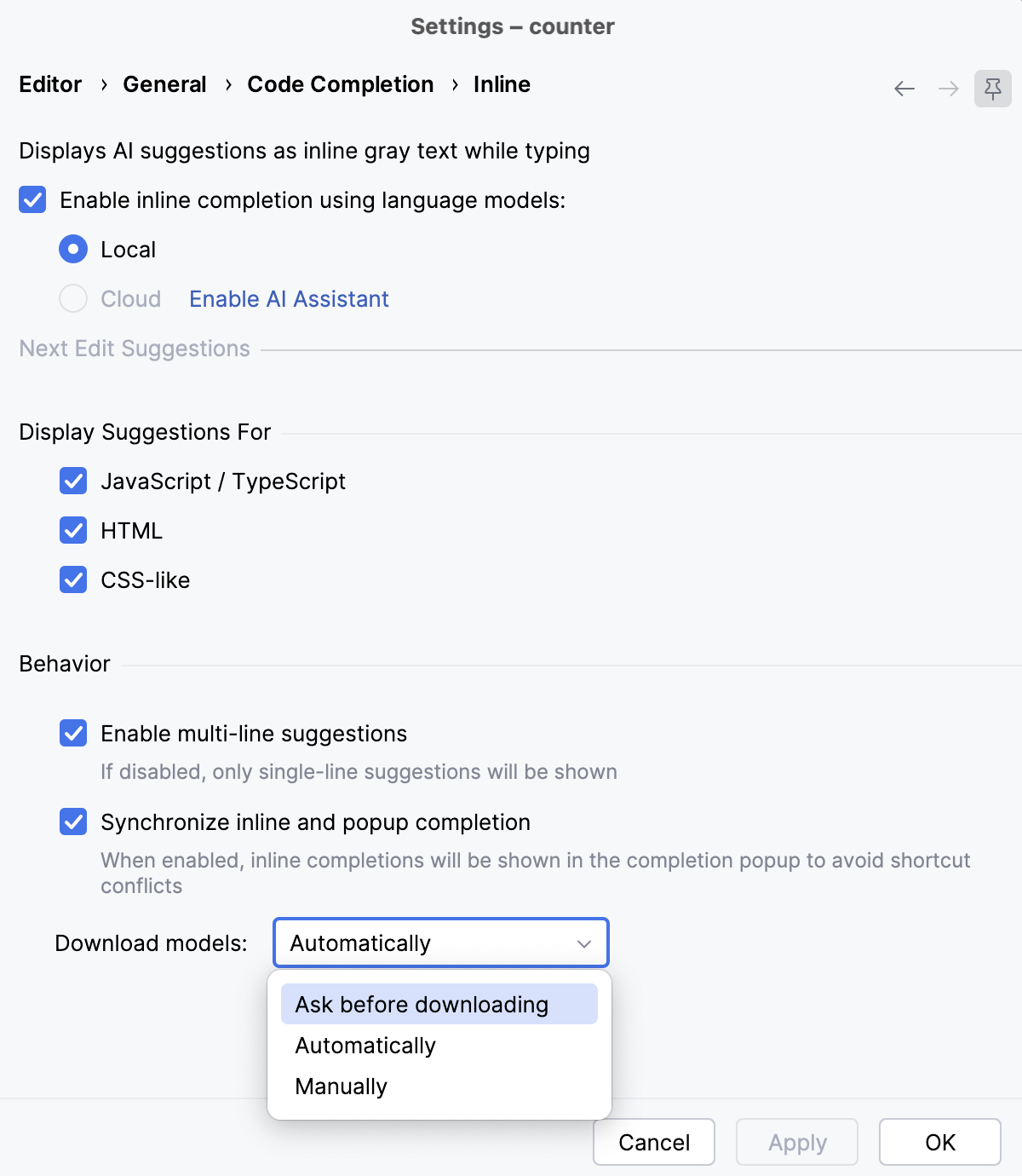 Download model for full line completion Download model for full line completion