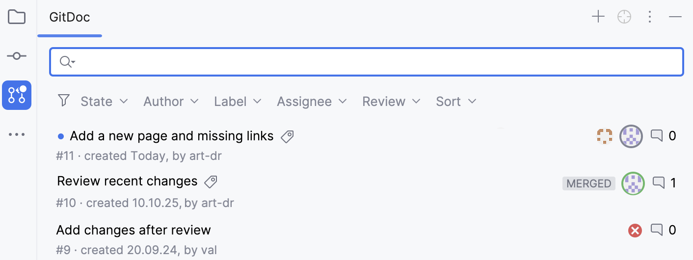 A blue dot on the pull requests tool window icon A blue dot on the pull requests tool window icon
