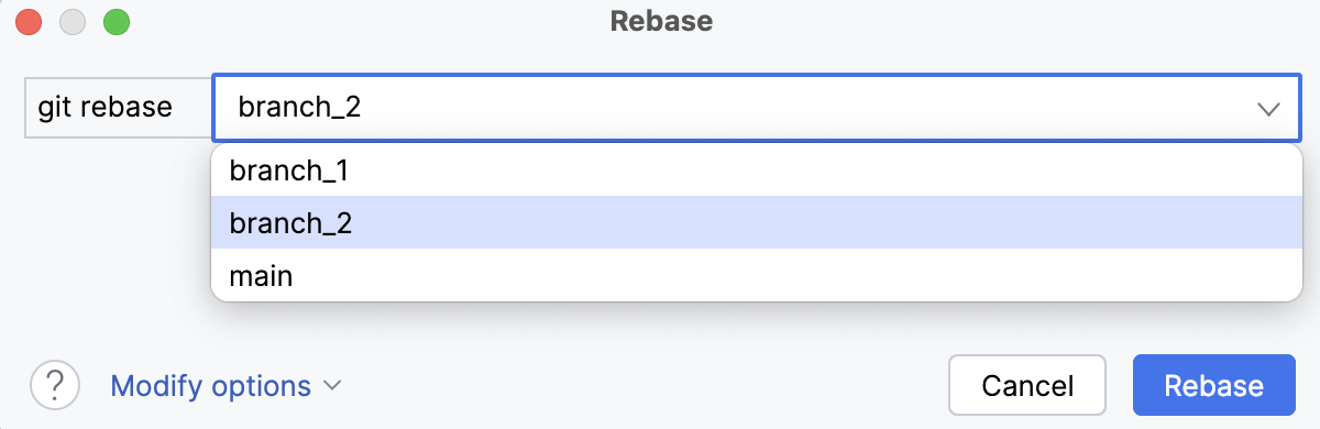在 Git rebase 对话框中选择目标分支 在 Git rebase 对话框中选择目标分支