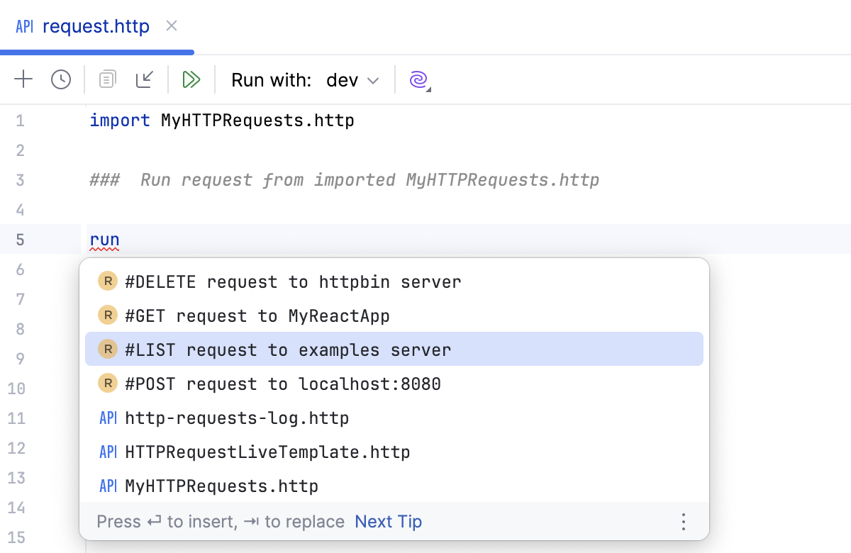 Run specific requests from another .http file