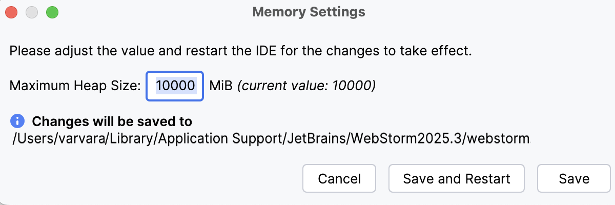The Memory Settings dialog opened from the main menu The Memory Settings dialog opened from the main menu