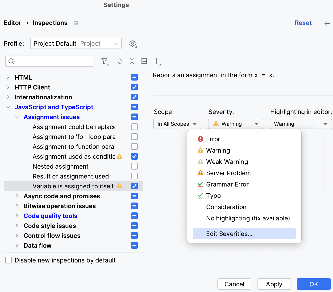 The list of inspections and their settings The list of inspections and their settings