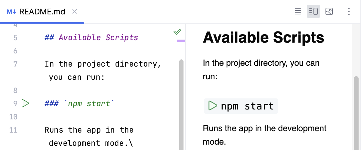 Gutter icons for running commands detected in Markdown files Gutter icons for running commands detected in Markdown files