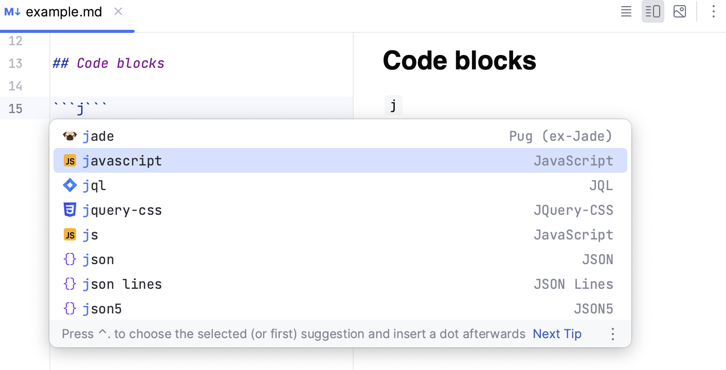 Markdown completion in fenced code blocks: select language Markdown completion in fenced code blocks: select language