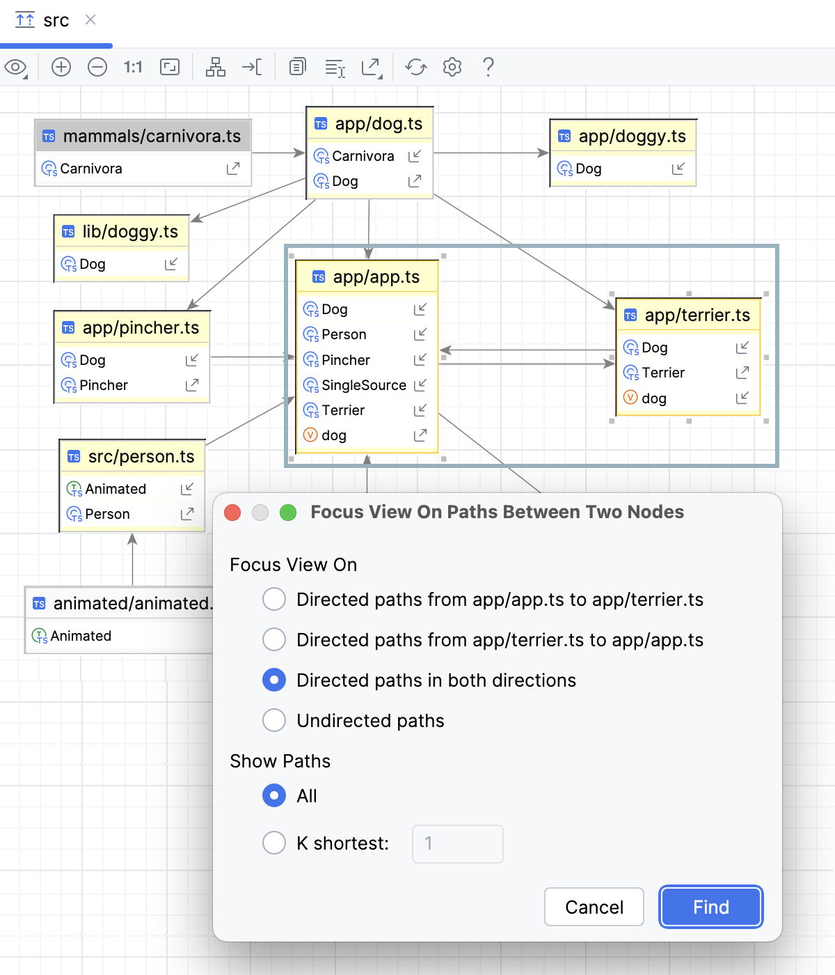 Focus On Paths Between Two Nodes dialog