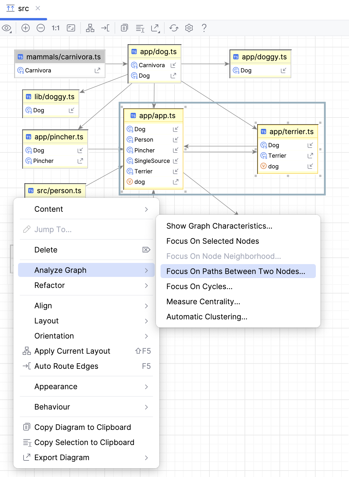 Focus On Paths Between Two Nodes context menu