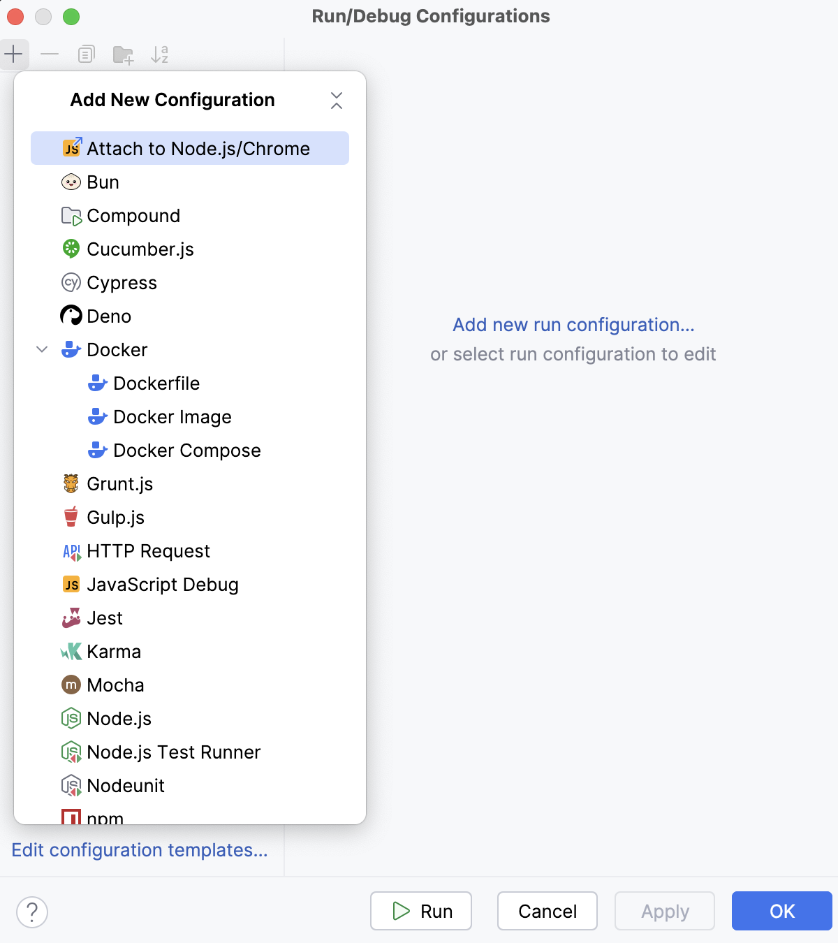 Select the Attach to Node.js /Chrome configuration type Select the Attach to Node.js /Chrome configuration type