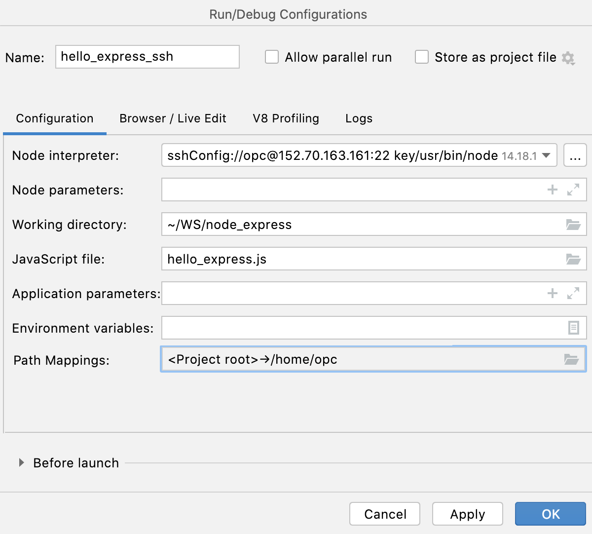 Create Node.js run configuration: added mapping shown Create Node.js run configuration: added mapping shown