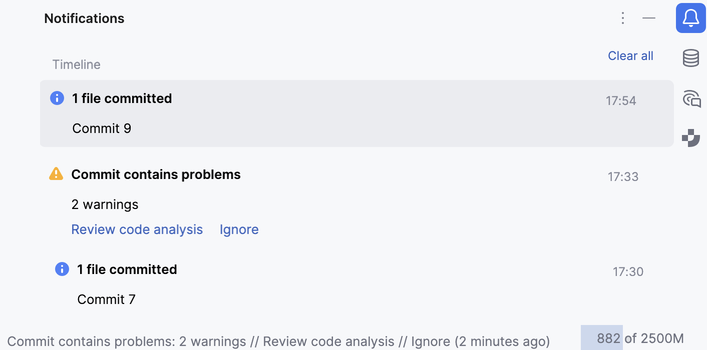 时间线区域显示提交通知和警告,包含 Review code analysis 和 Ignore 操作链接 删除最后的句号。 时间线区域显示提交通知和警告,包含 Review code analysis 和 Ignore 操作链接 删除最后的句号。