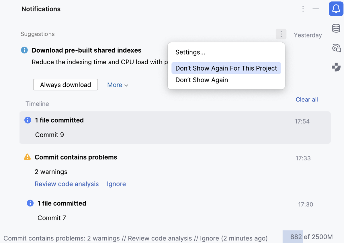 WebStorm 的建议上下文菜单,包含 Don't Show Again For This Project 和 Don't Show Again 选项 删除最后的句号和特殊引号。 WebStorm 的建议上下文菜单,包含 Don't Show Again For This Project 和 Don't Show Again 选项 删除最后的句号和特殊引号。