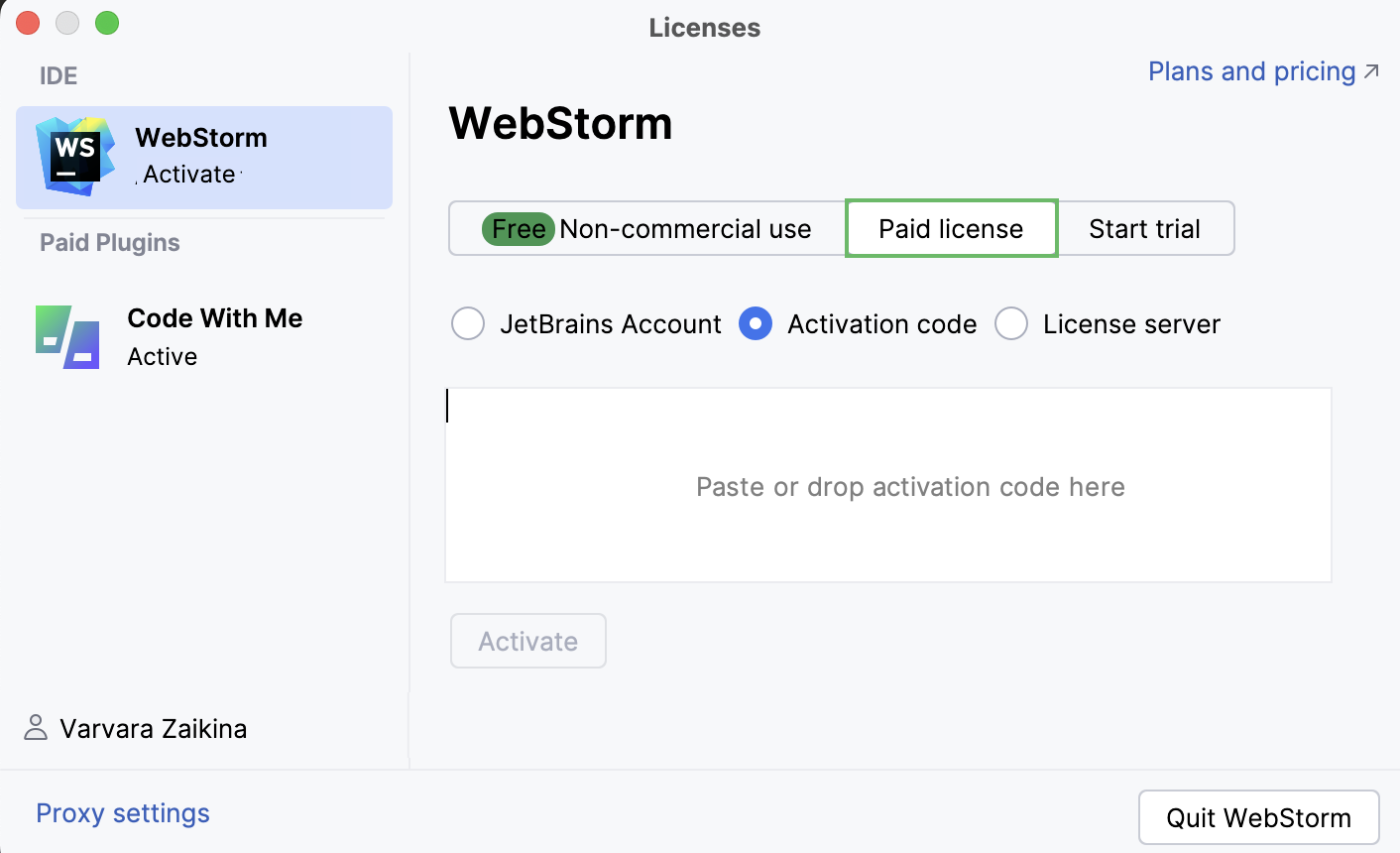 使用激活码激活 WebStorm 许可证 使用激活码激活 WebStorm 许可证