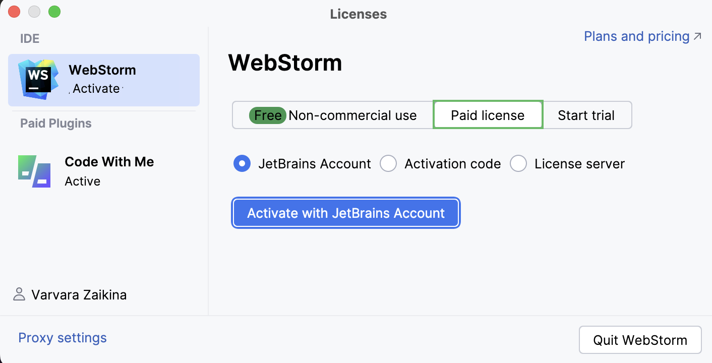 使用 JB 账户激活 WebStorm 许可证 使用 JB 账户激活 WebStorm 许可证