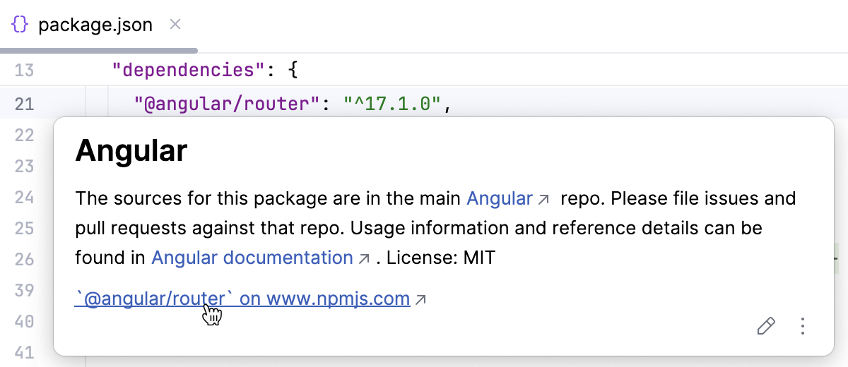 Quick Doc for an npm package is opened from a package.json Quick Doc for an npm package is opened from a package.json