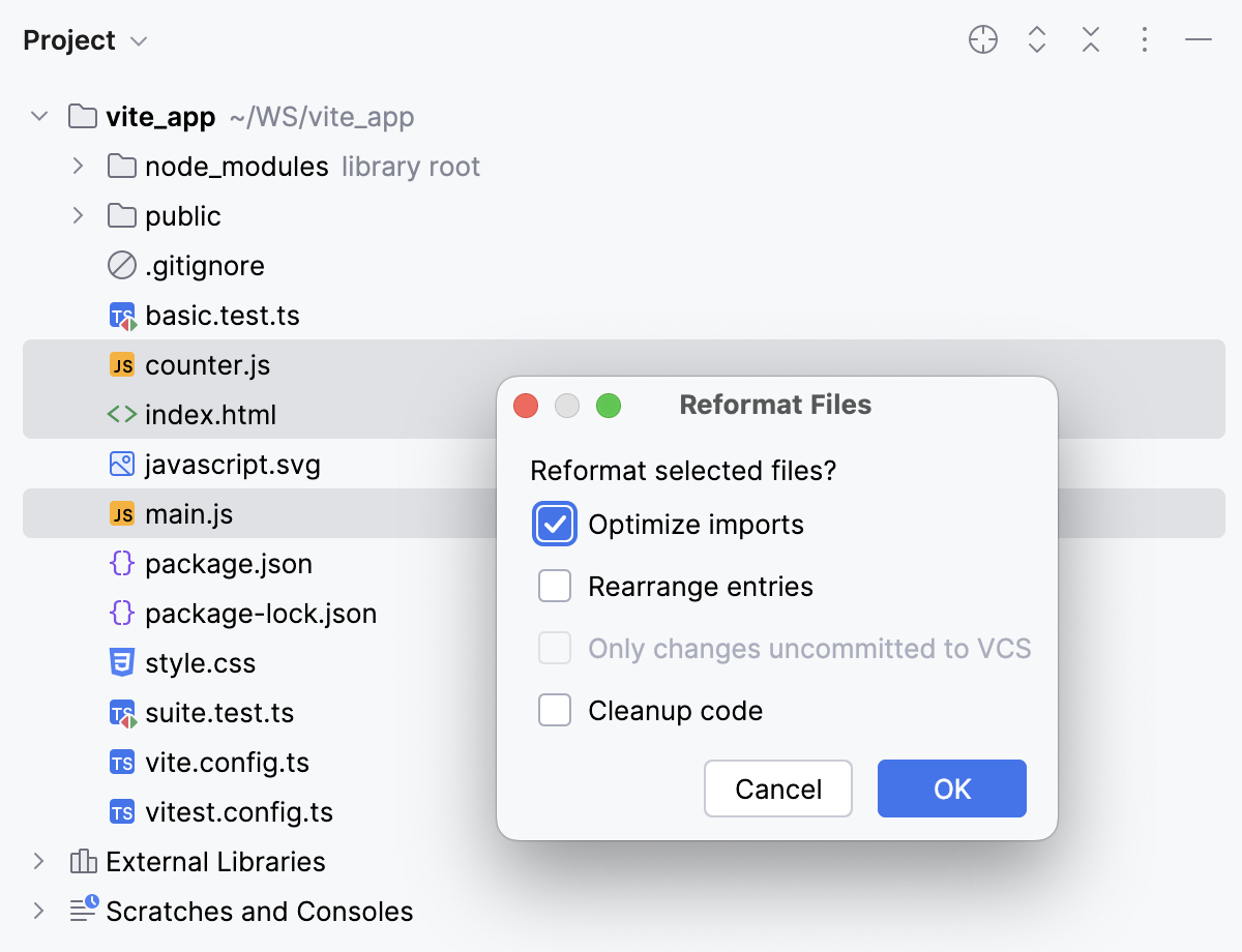 Reformat Files dialog Reformat Files dialog