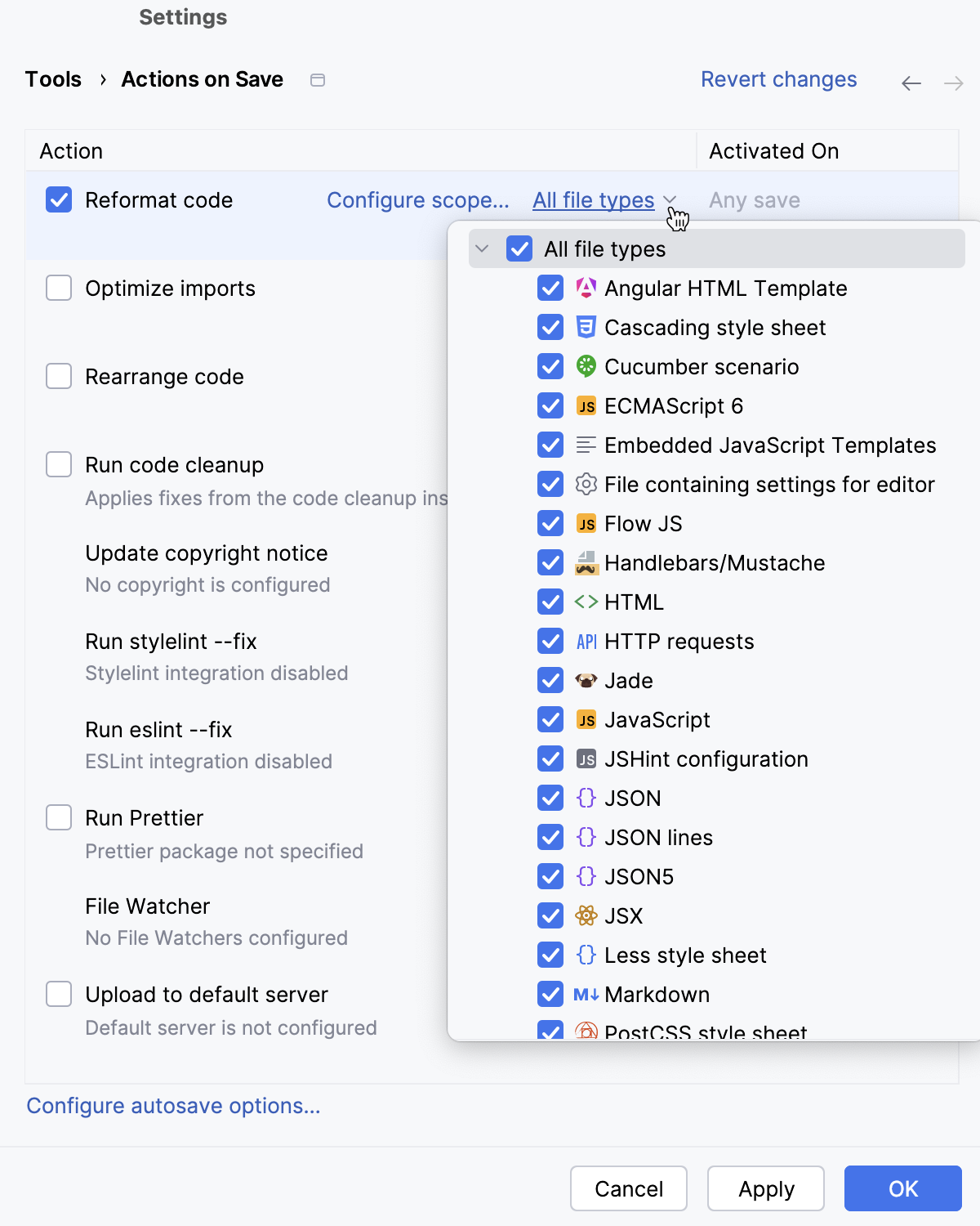 Reformat on save: specify file type Reformat on save: specify file type