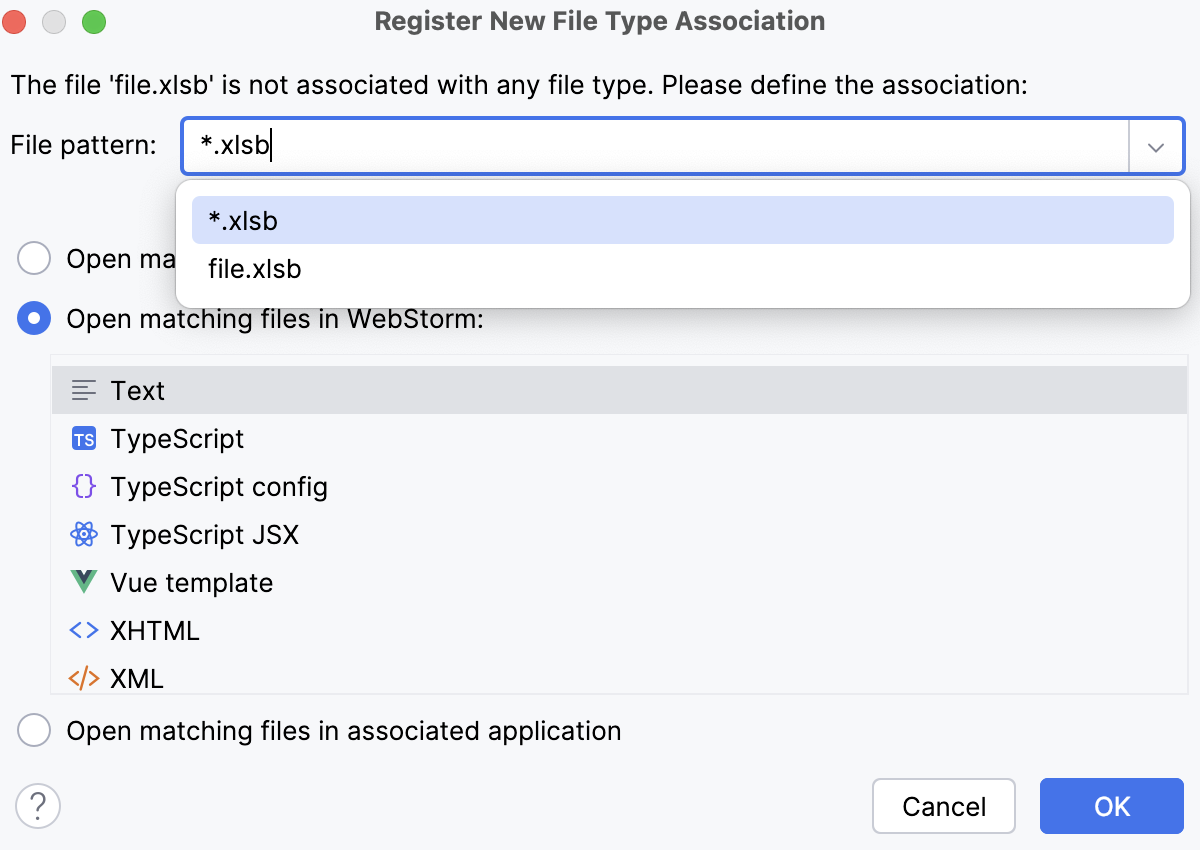 WebStorm: Associating a file name pattern with a file type