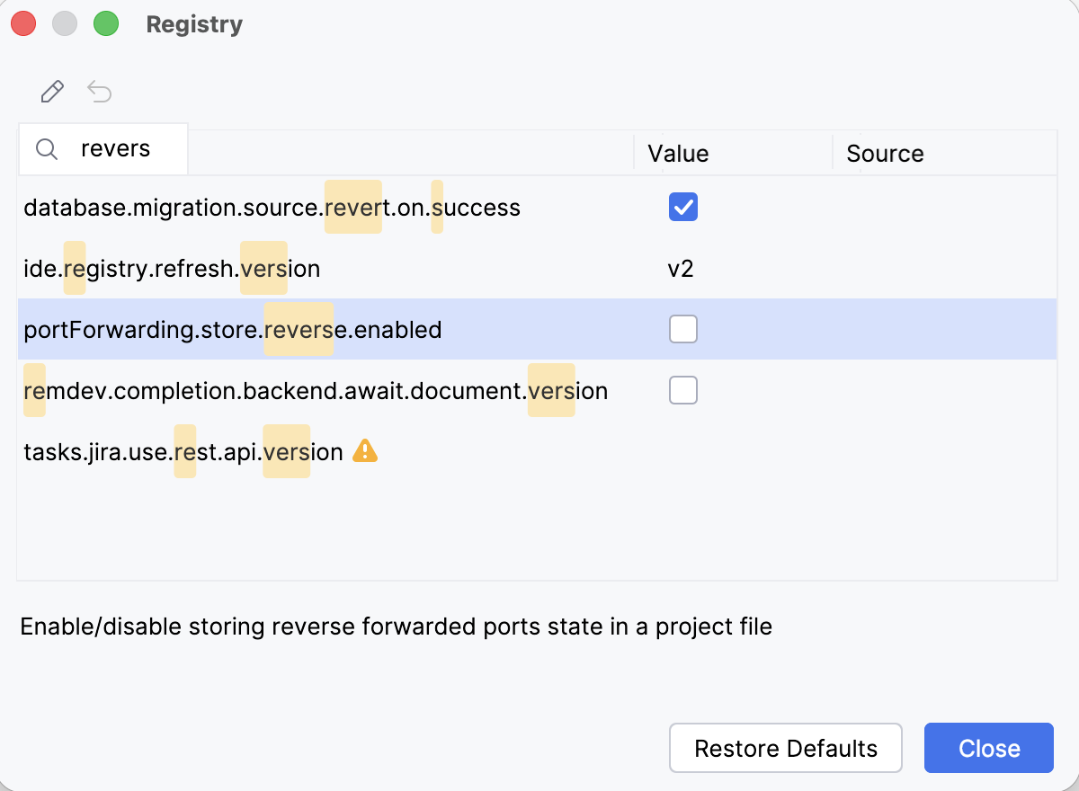 Registry (On Host) window Registry (On Host) window
