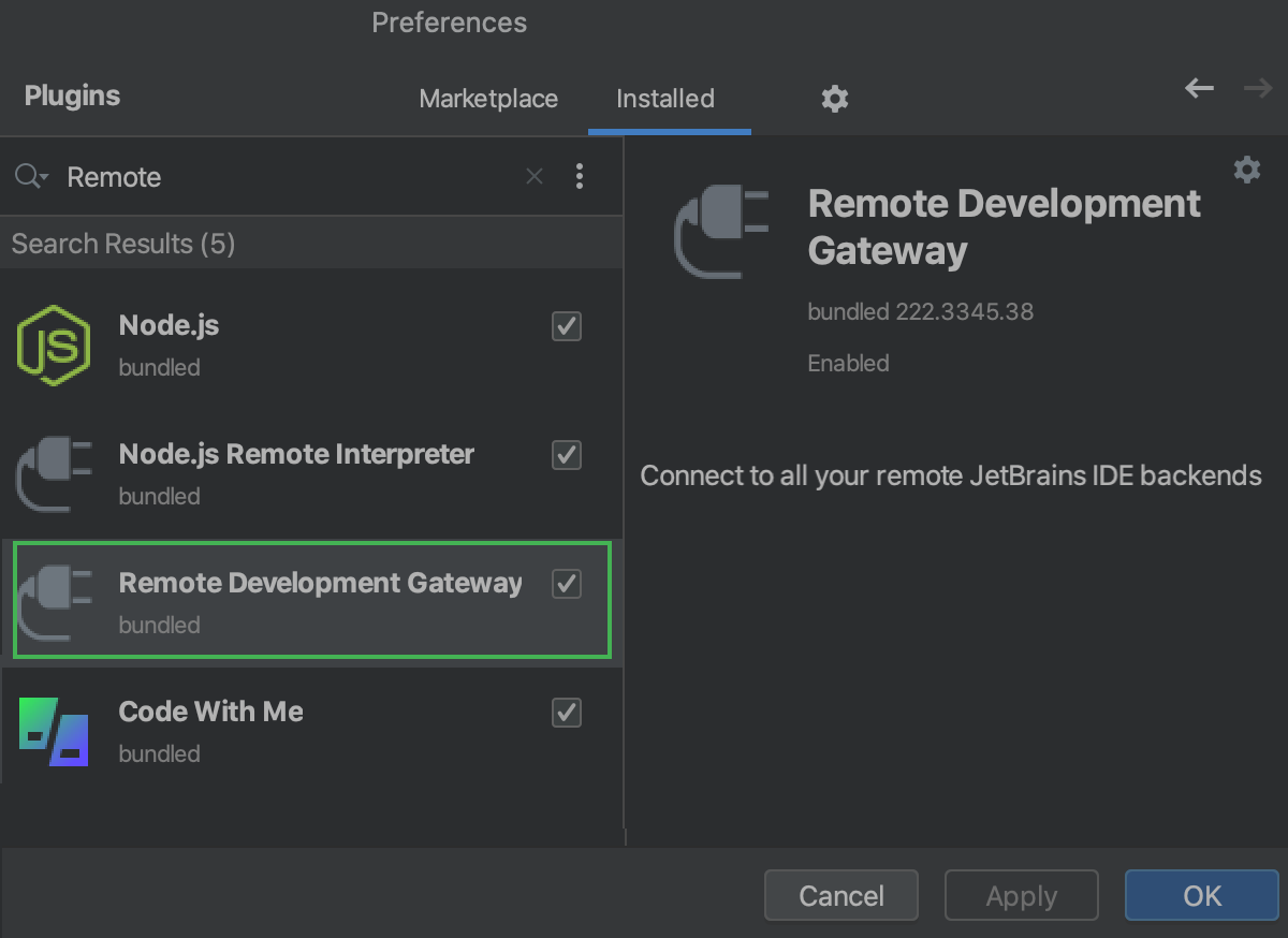 Remote Development Gateway plugin: bundled and enabled Remote Development Gateway plugin: bundled and enabled