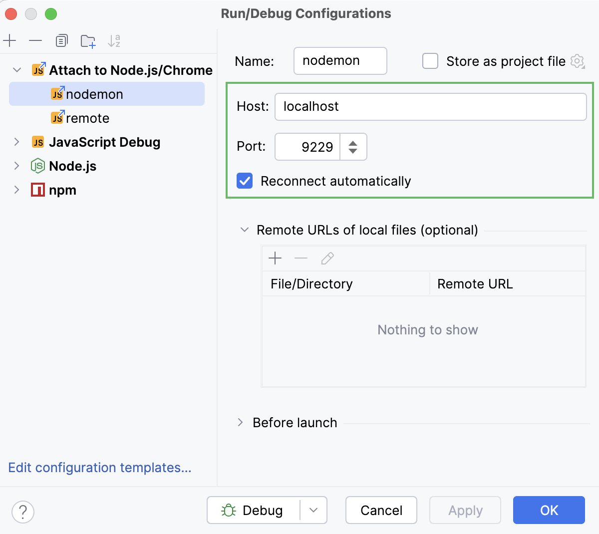 Attach no Node.js run configuration: select the Reconnect automatically checkbox Attach no Node.js run configuration: select the Reconnect automatically checkbox
