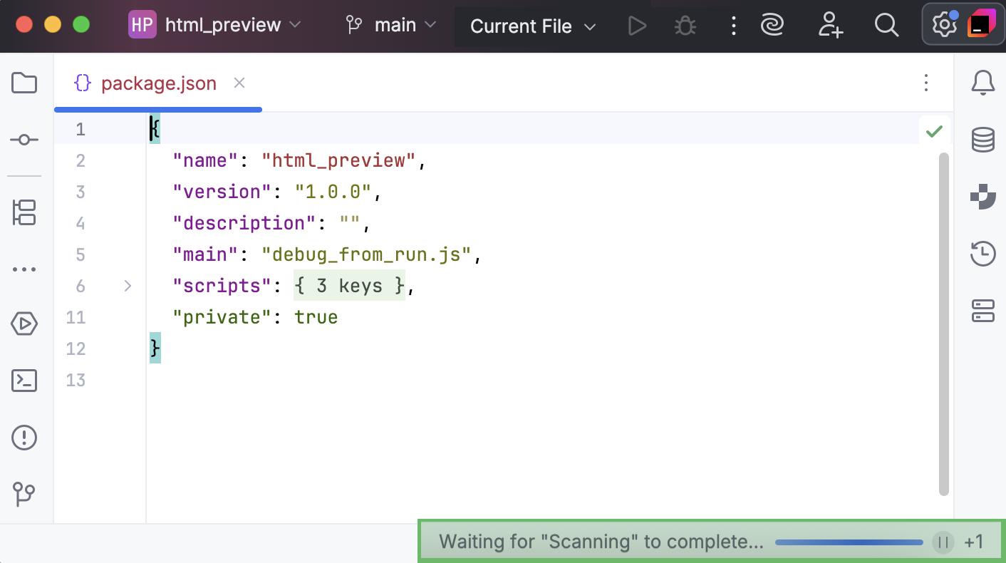 在 WebStorm 右下角等待扫描完成 在 WebStorm 右下角等待扫描完成
