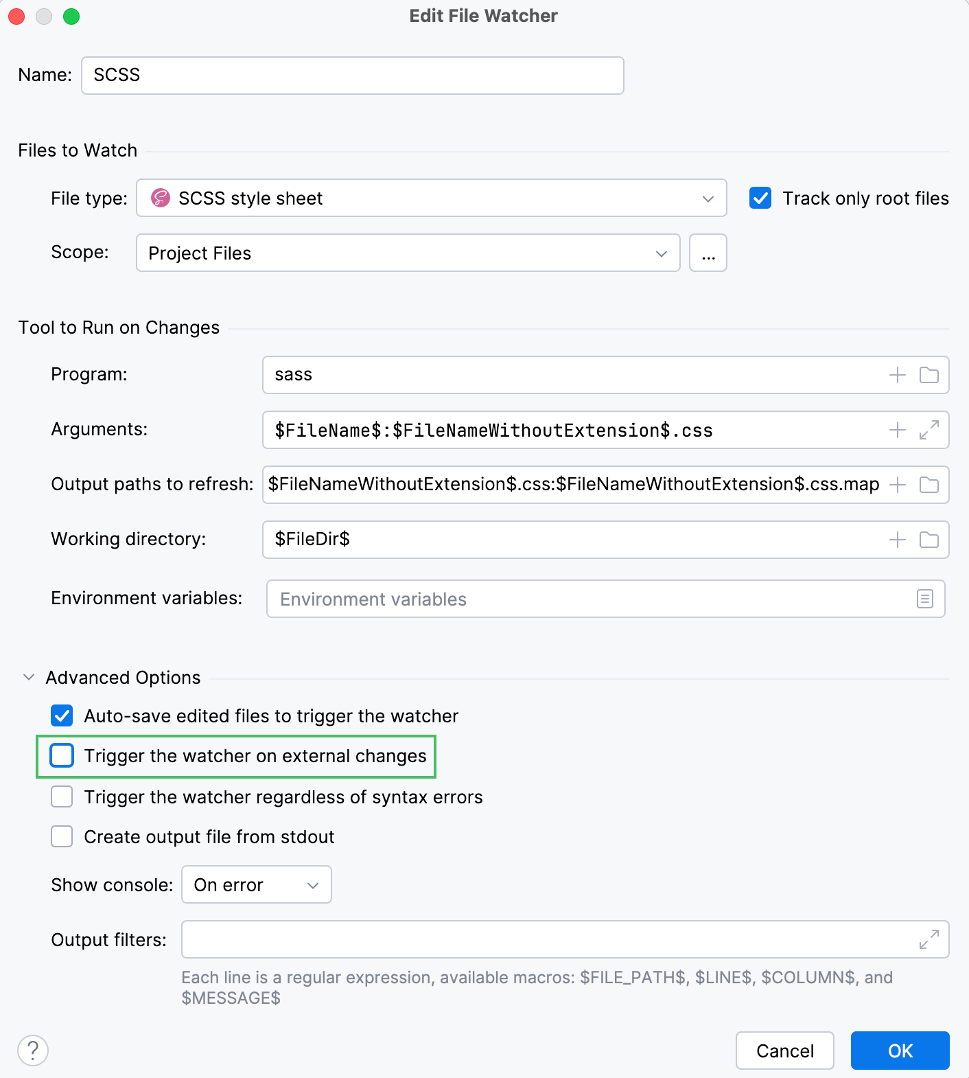 Trigger the File Watcher on external changes is off Trigger the File Watcher on external changes is off