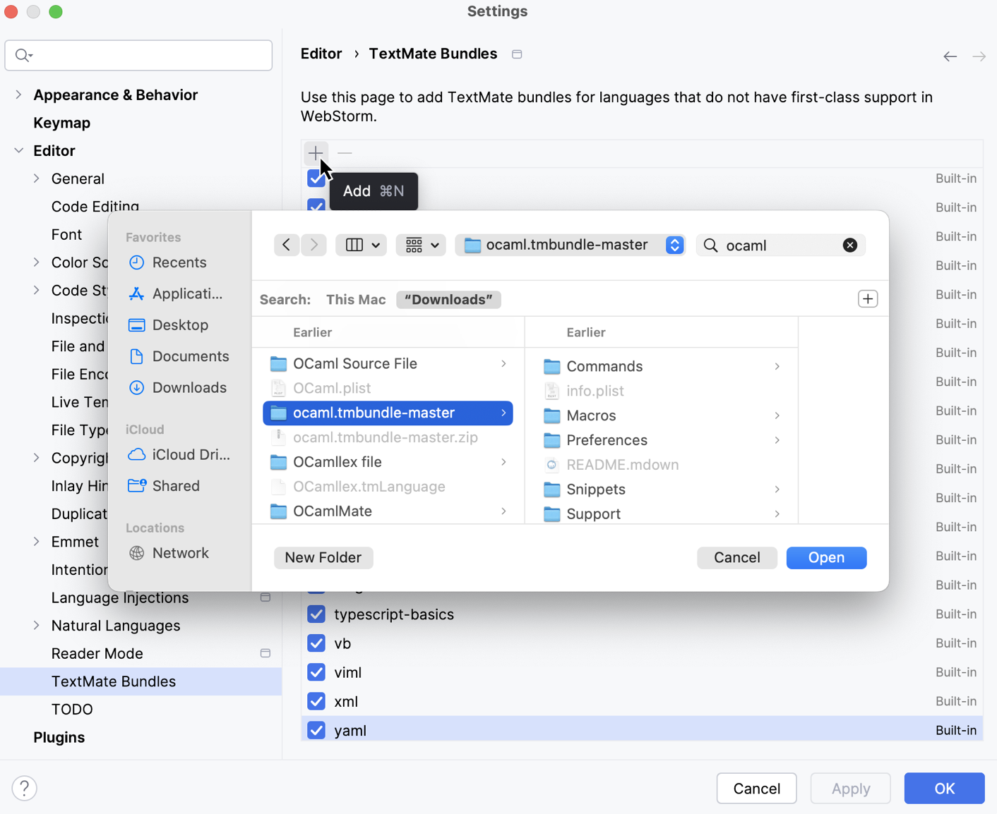 在 IDE 设置中添加自定义 TextMate 包