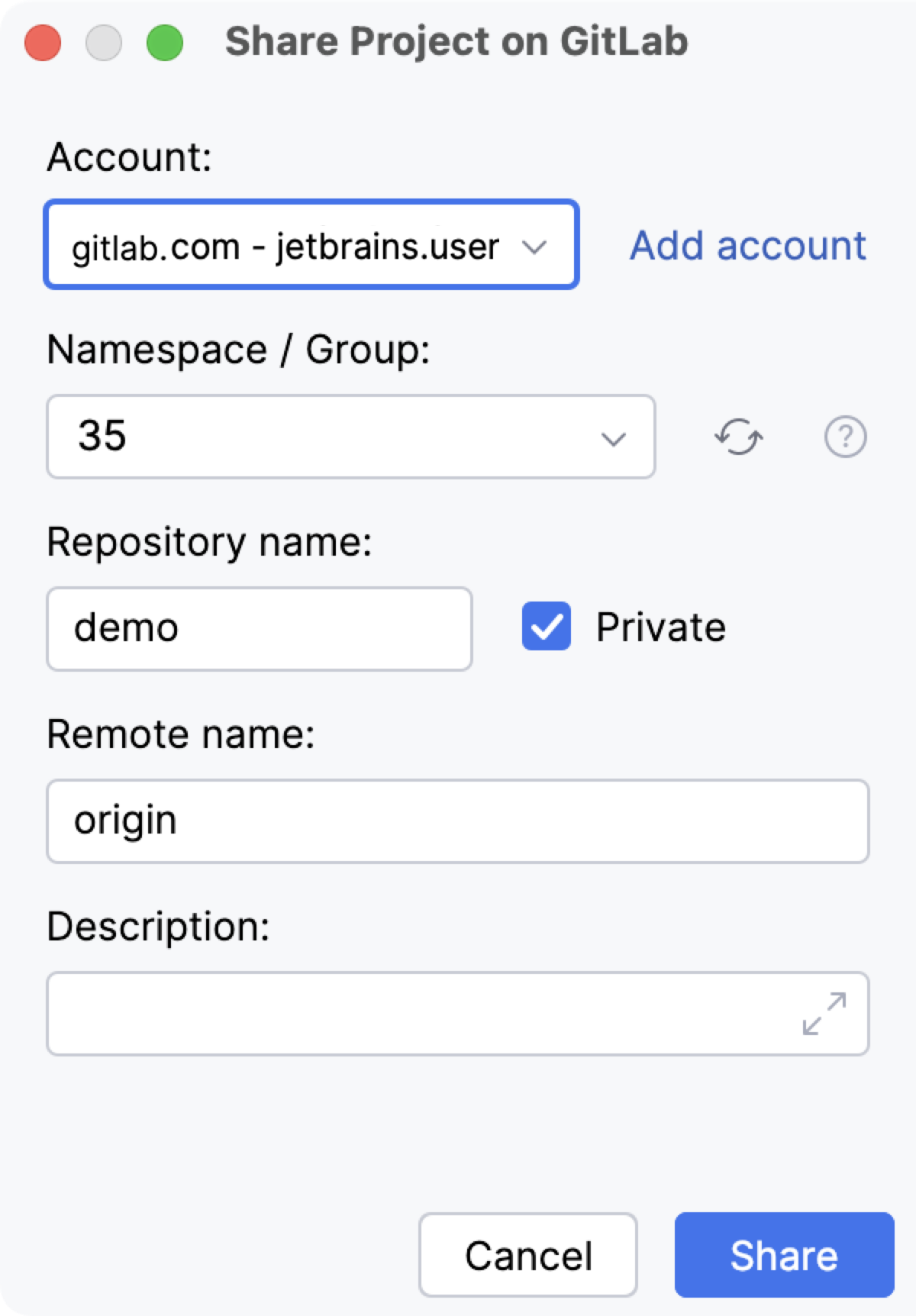 Share Project on GitLab dialog Share Project on GitLab dialog