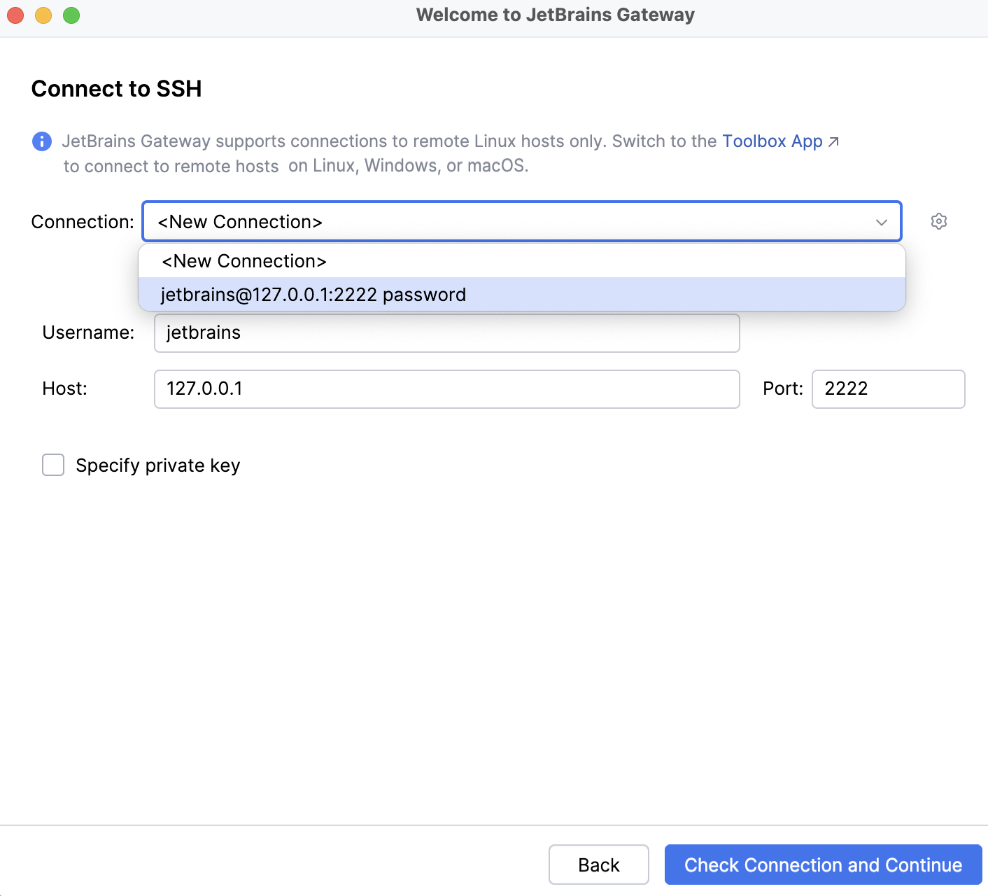 Select SSH connection