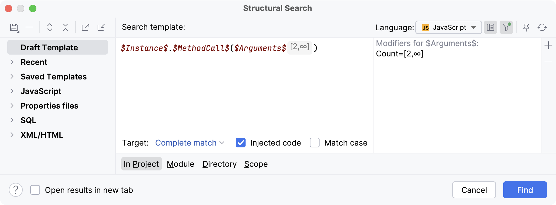 Search template for method call with a count filter Search template for method call with a count filter