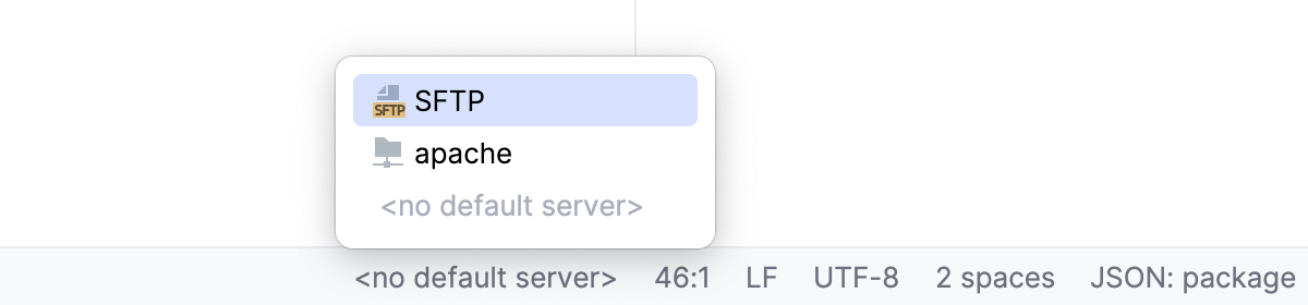 在 WebStorm 状态栏中选择默认部署服务器 在 WebStorm 状态栏中选择默认部署服务器