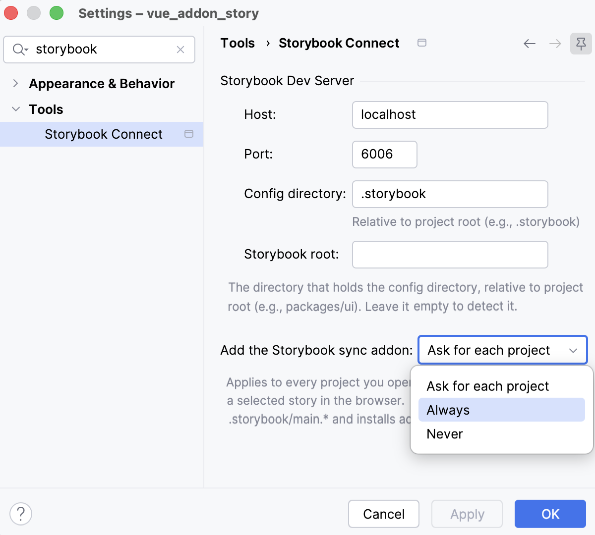 Configure addon-storybook-sync installation policy Configure addon-storybook-sync installation policy