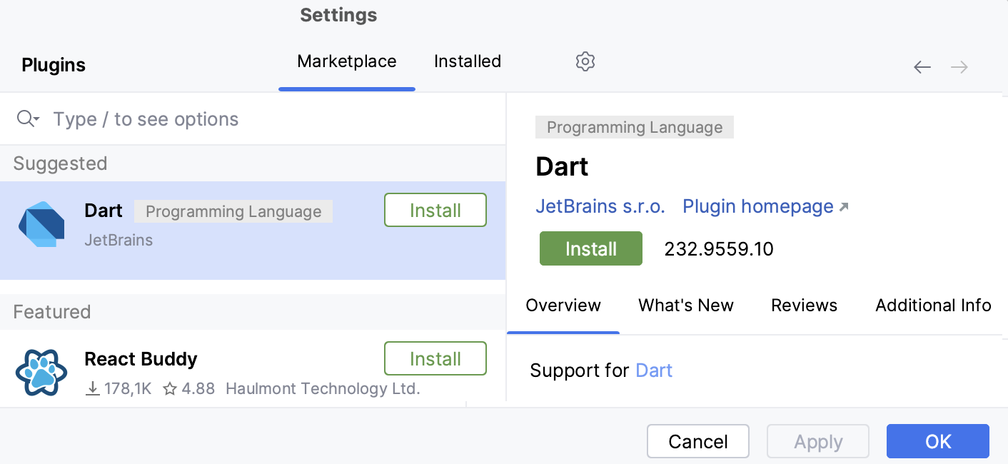 插件 Marketplace 选项卡,显示包含 Dart 插件的建议部分,以及下方包含 React Buddy 的精选部分。 插件 Marketplace 选项卡,显示包含 Dart 插件的建议部分,以及下方包含 React Buddy 的精选部分。