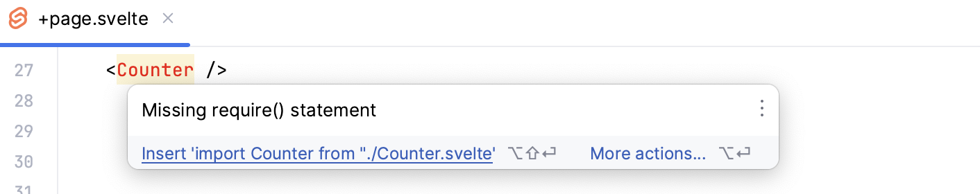Svelte: import missing, quick fix popup Svelte: import missing, quick fix popup
