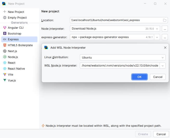 添加 WSL Node.js 运行时对话框.