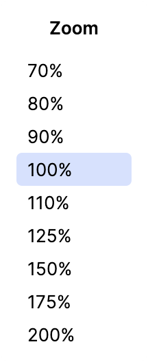 Zoom popup menu with values from 70% to 200%, 100% is selected Zoom popup menu with values from 70% to 200%, 100% is selected