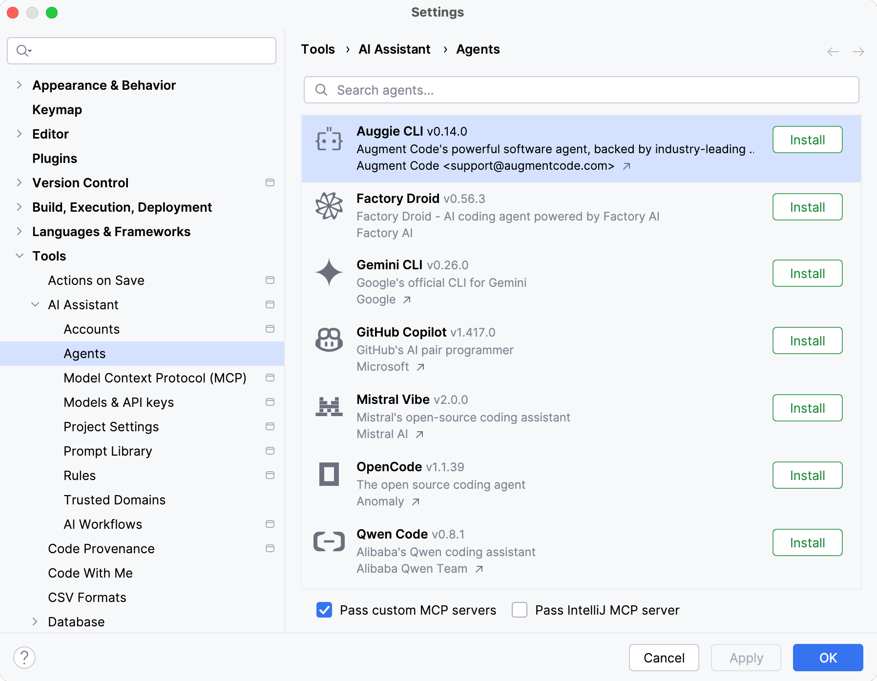 the Agents settings page
