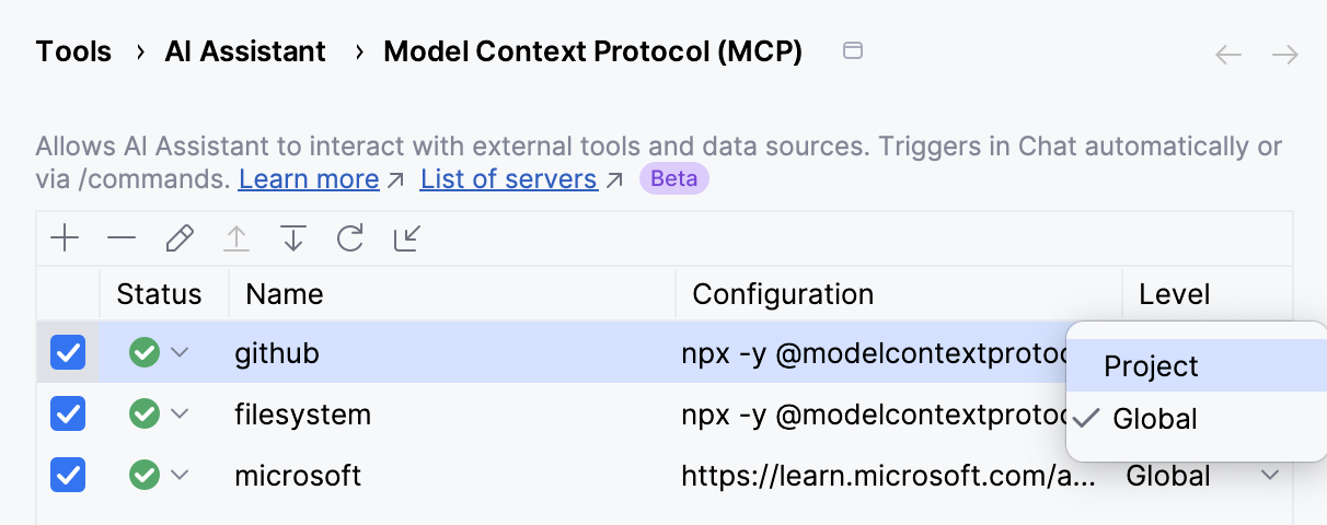 Change the MCP server level Change the MCP server level