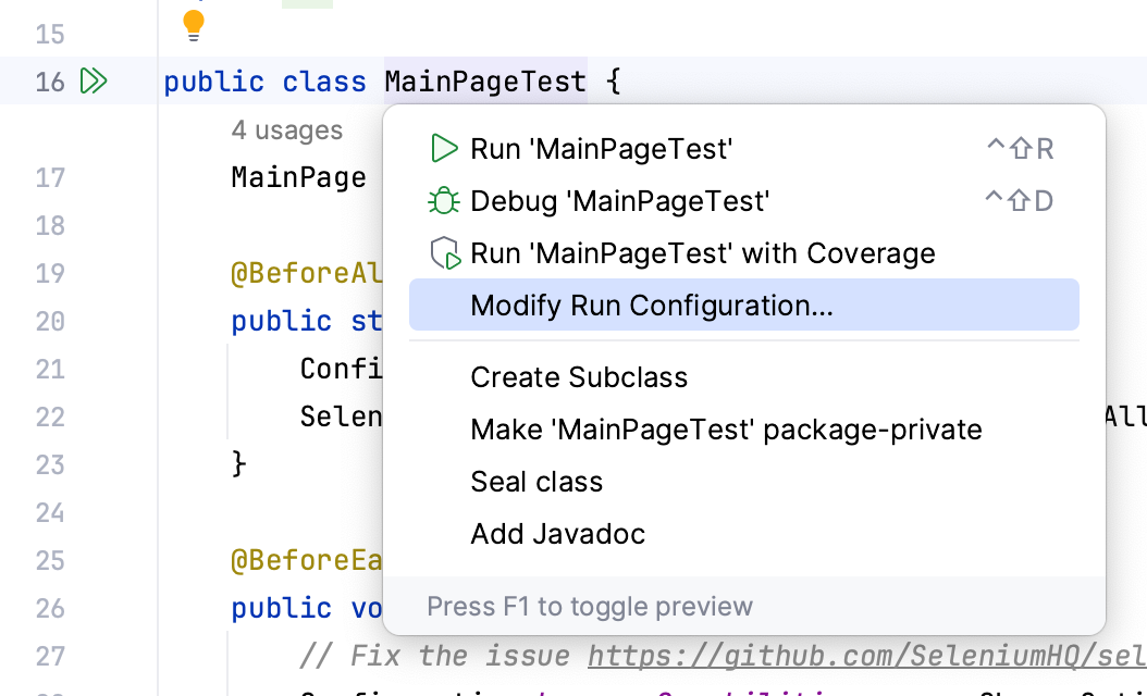 Create run configuration from the editor