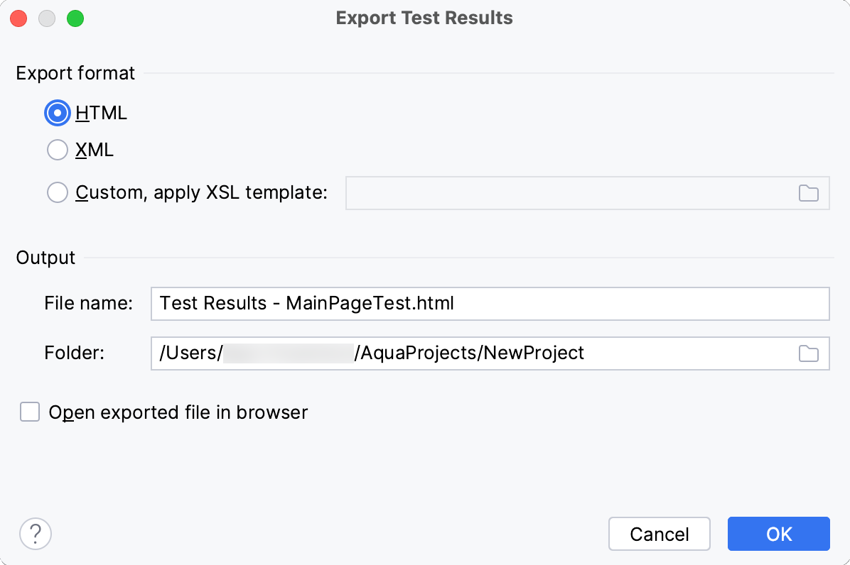 Exporting test results to a file