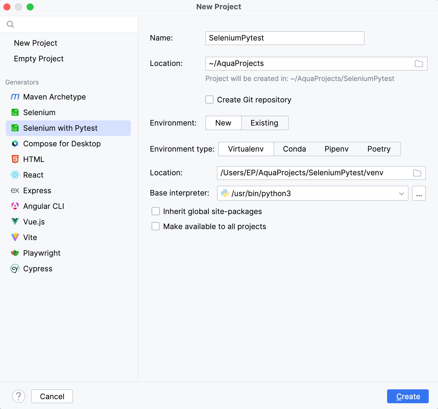 Creating a new Selenium with Pytest project