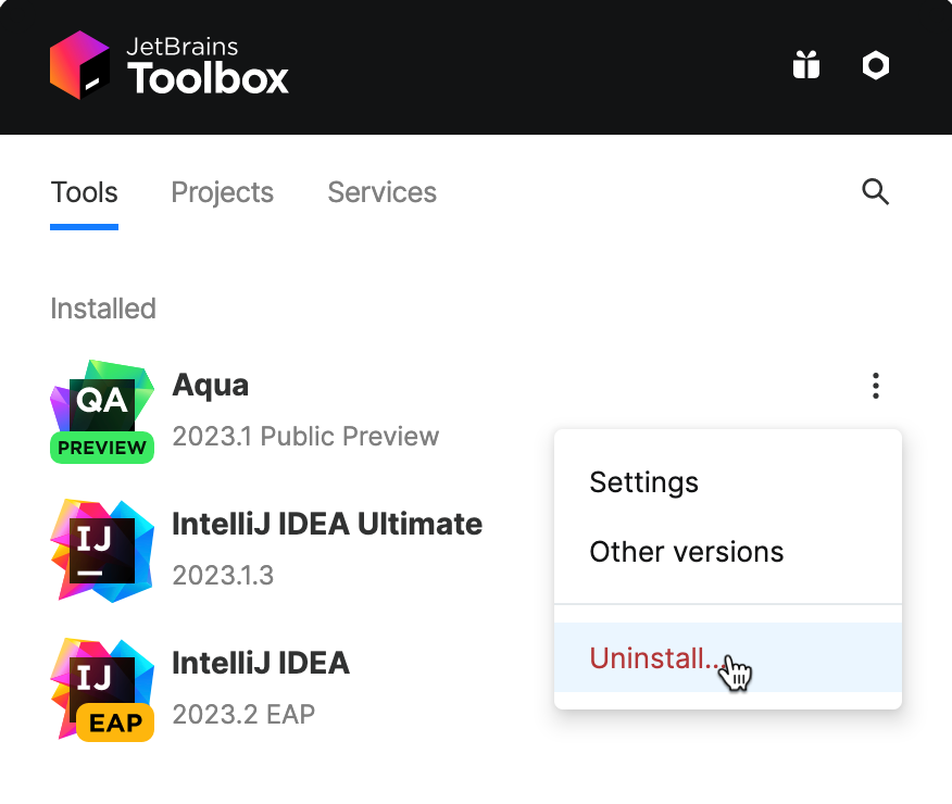 Uninstalling Aqua through the Toolbox App