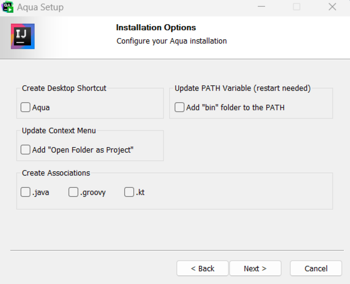 The Installation Options of the installation wiard