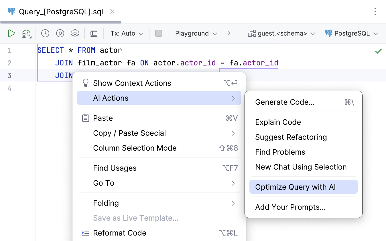 AI Assistant query optimization context menu action AI Assistant query optimization context menu action