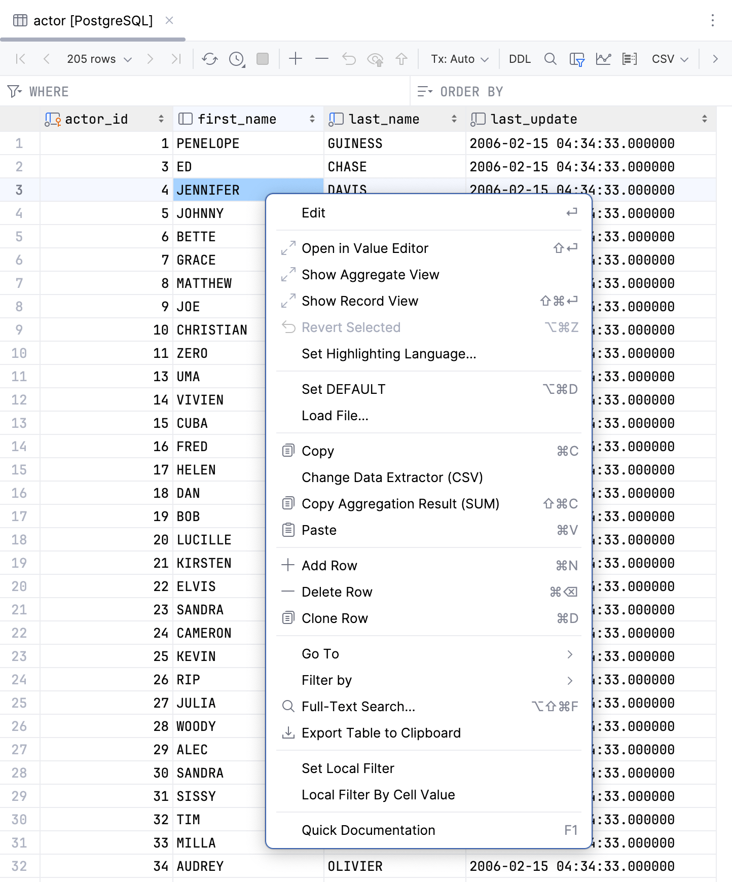 Context menu of a cell in data editor Context menu of a cell in data editor