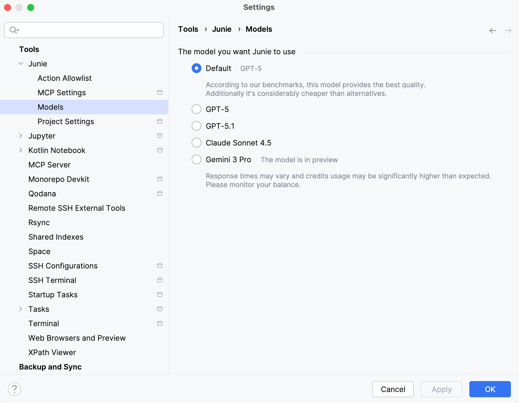 Junie models selection Junie models selection