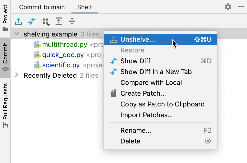 Shelve and unshelve changes RustRover Documentation